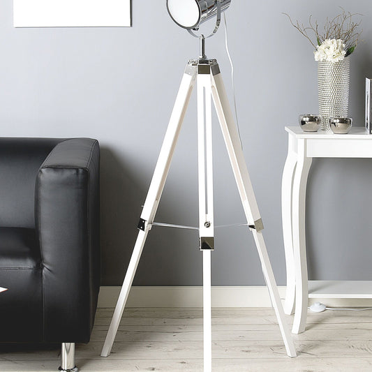 Floor Lamp White Metal 143cm Tripod Spotlight Cylindrical Shade Industrial Design