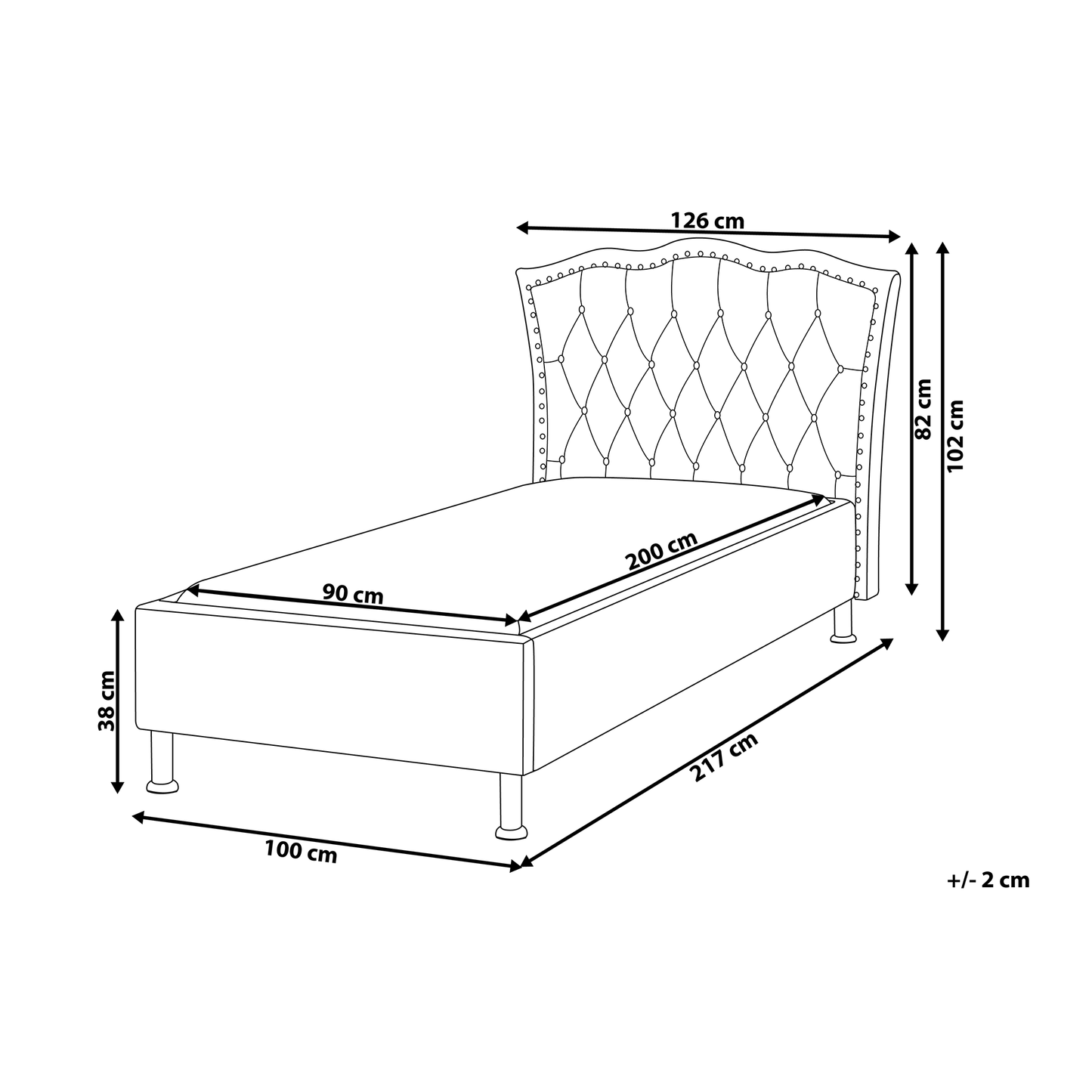 EU Single Size Bed Grey Fabric 3ft Upholstered Frame Nailhead Trim Crystal Button Tufted Headboard