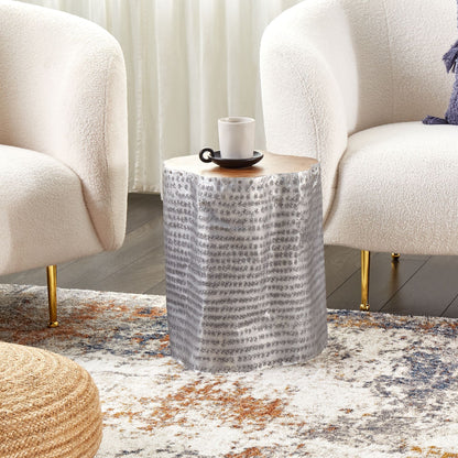 Accent Side Table Silver Teak Wood And Aluminium 37 X 39cm Contemporary Industrial Accent Piece