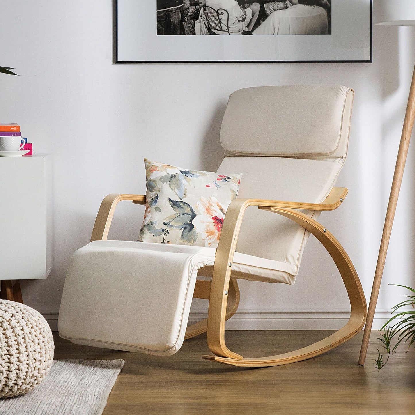 Birchwood Rocking Chair Light Beige Fabric With Adjustable Footrest