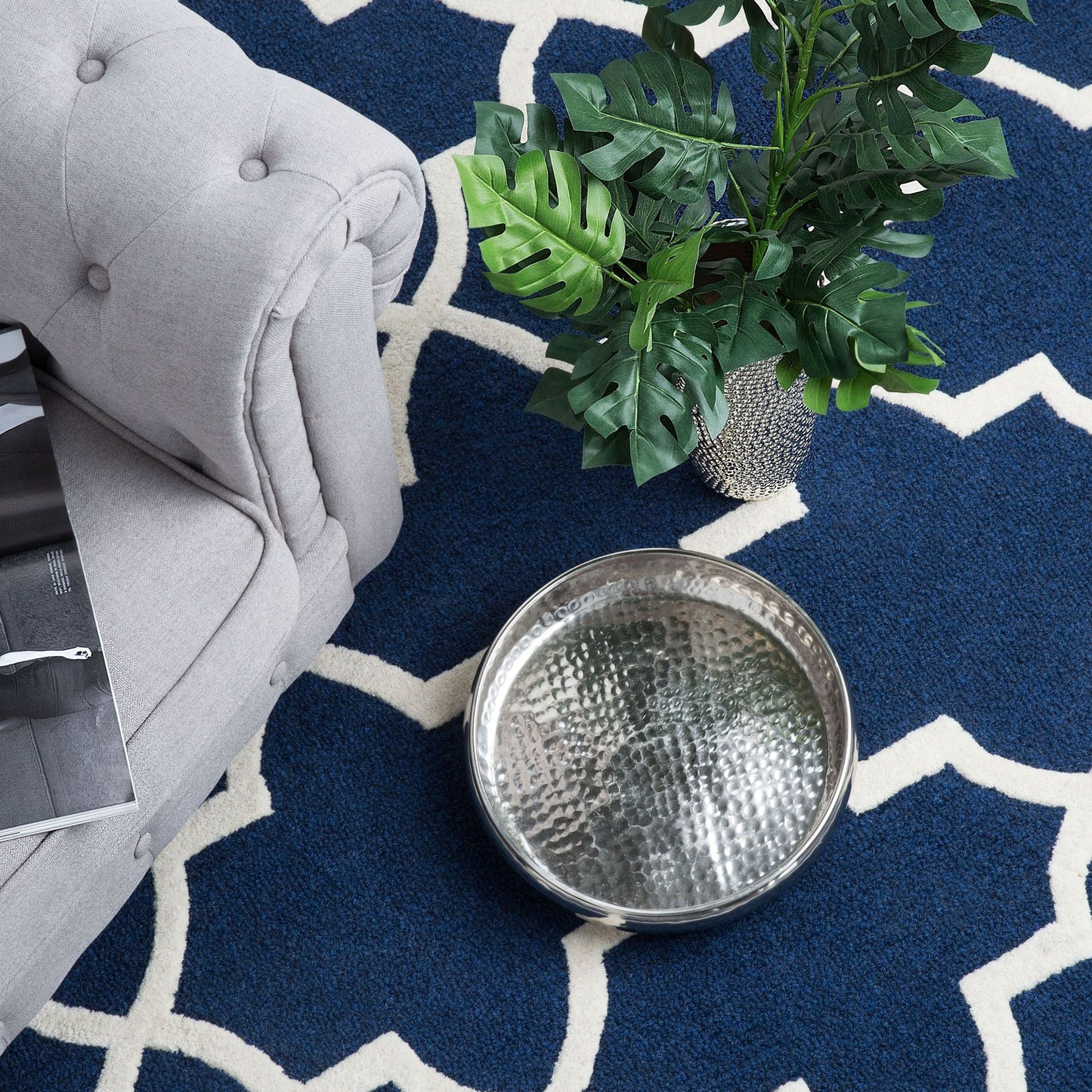 Blue Wool Area Rug 80 x 150cm Hand Tufted Trellis Quatrefoil
