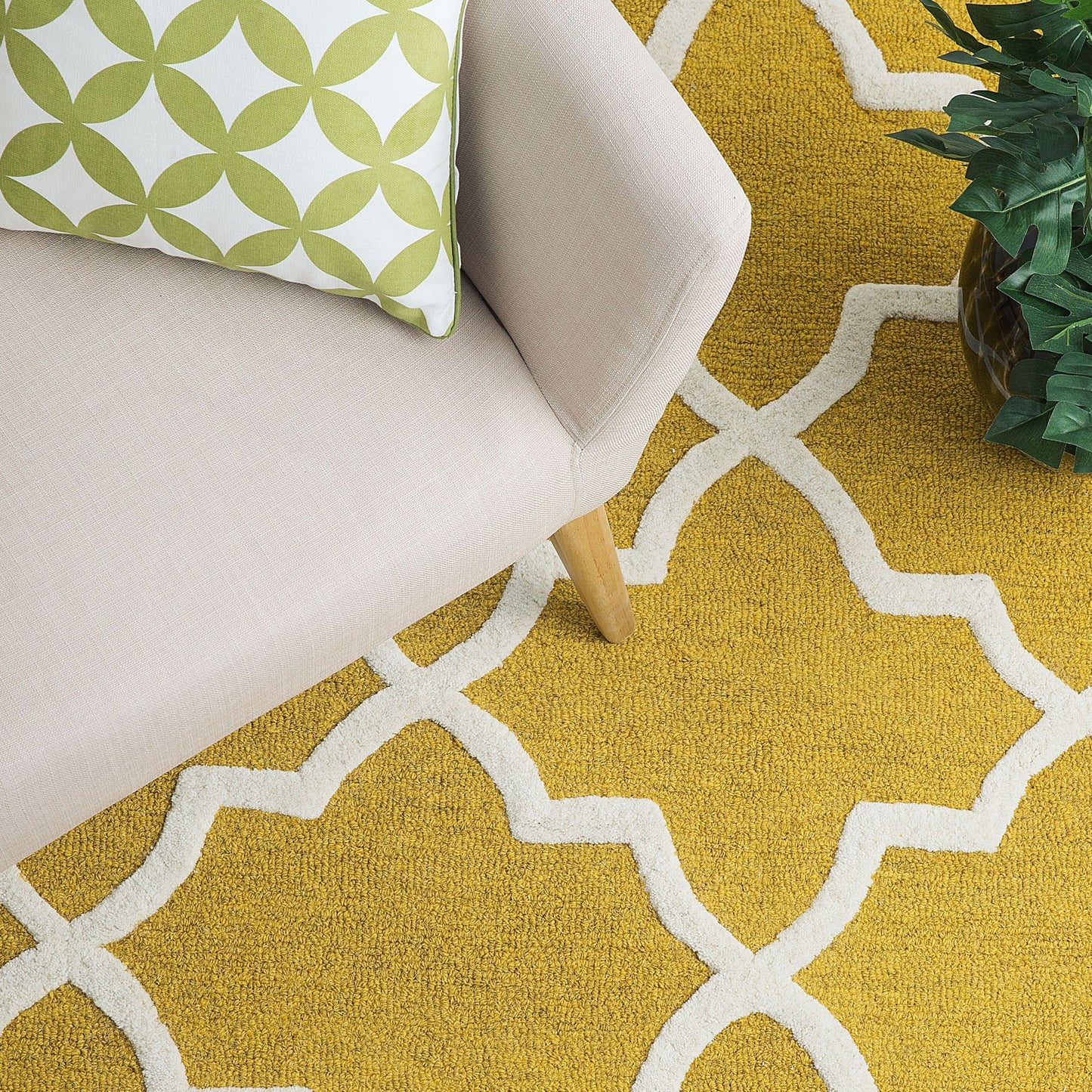 Area Rug Yellow Wool 80 x 150cm Hand Tufted Trellis Quatrefoil
