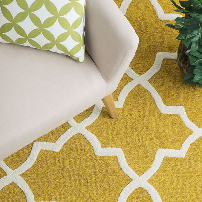 Area Rug Yellow Wool 80 x 150cm Hand Tufted Trellis Quatrefoil