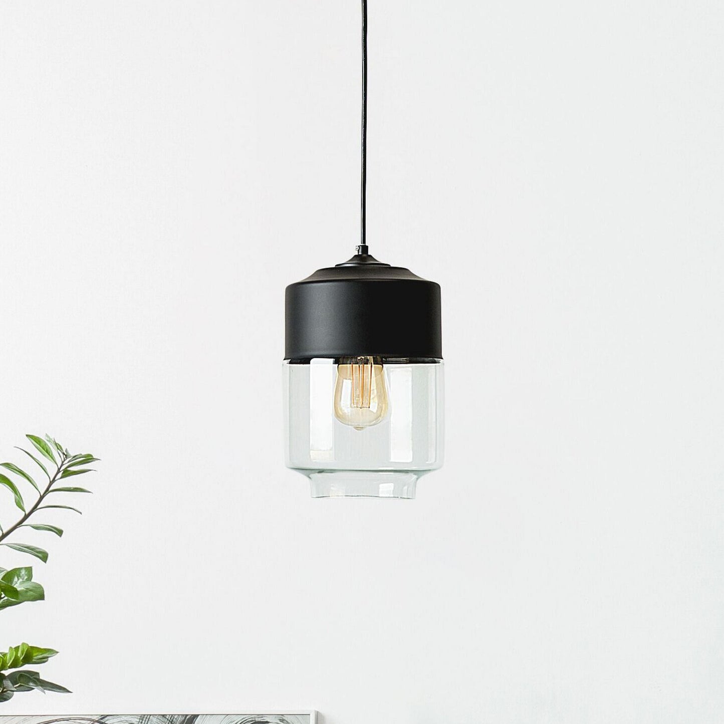 Hanging Pendant Lamp Black Transparent Glass Shade Geometric Round Modern
