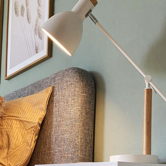 Table Lamp White Metal 50H Cm Crane Arm Adjustable Shade