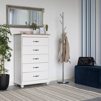 Nordic Living White Chest of Drawers Light Wood Accents 5 Drawers