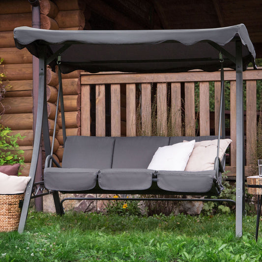 Grey Fabric 3 Seater Patio Swing With Powder Coated Steel Frame For Outdoor Gardens