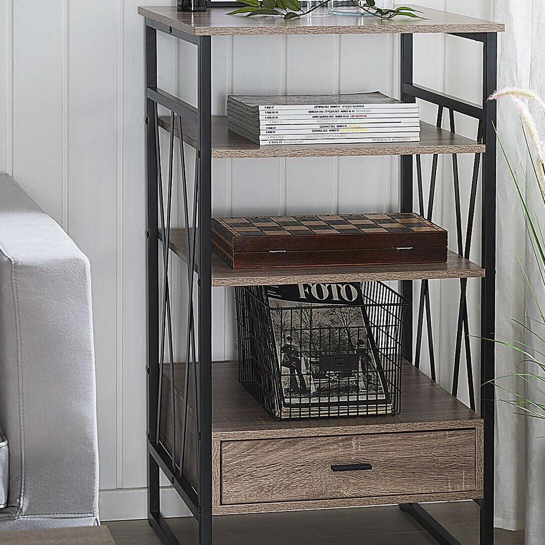 Taupe Wood and Metal Console Table TV Stand 3 Shelves 1 Drawer