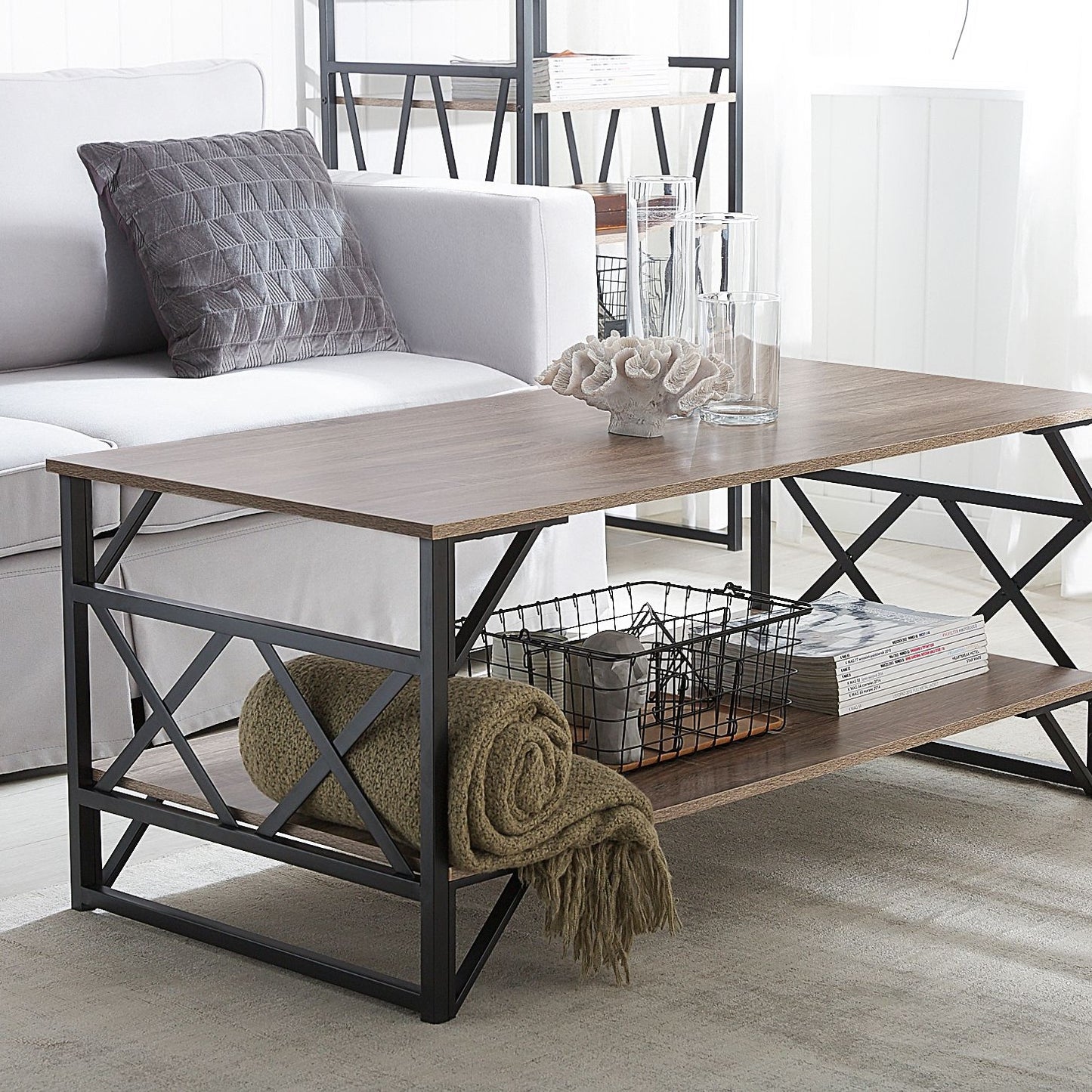 Industrial Coffee Table Taupe Wood Top Black Metal Frame 120 x 61