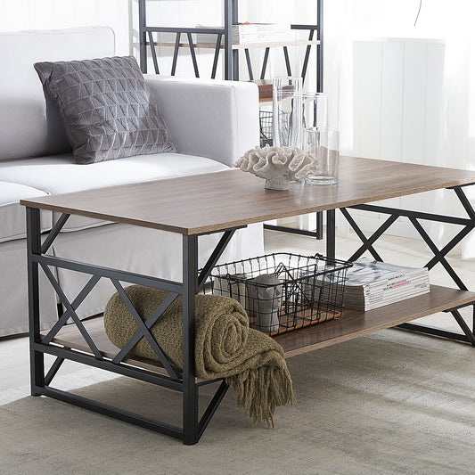 Industrial Coffee Table Taupe Wood Top Black Metal Frame 120 x 61