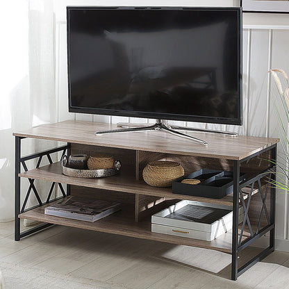 TV Stand Cabinet Dark Brown Black Metal 4 Shelves