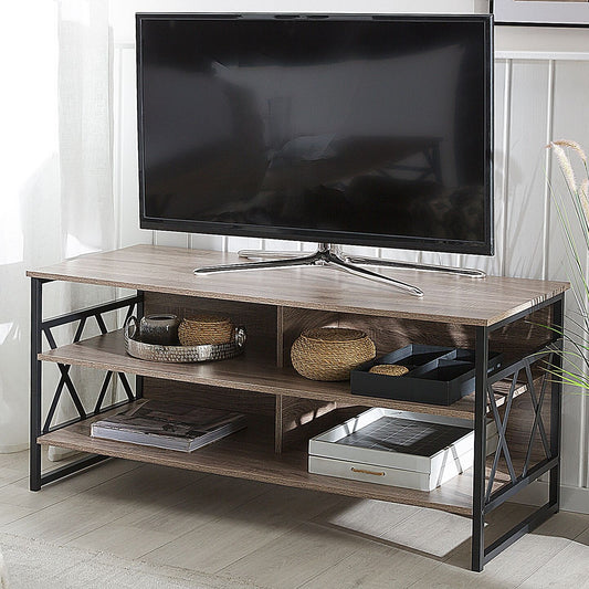 TV Stand Cabinet Dark Brown Black Metal 4 Shelves