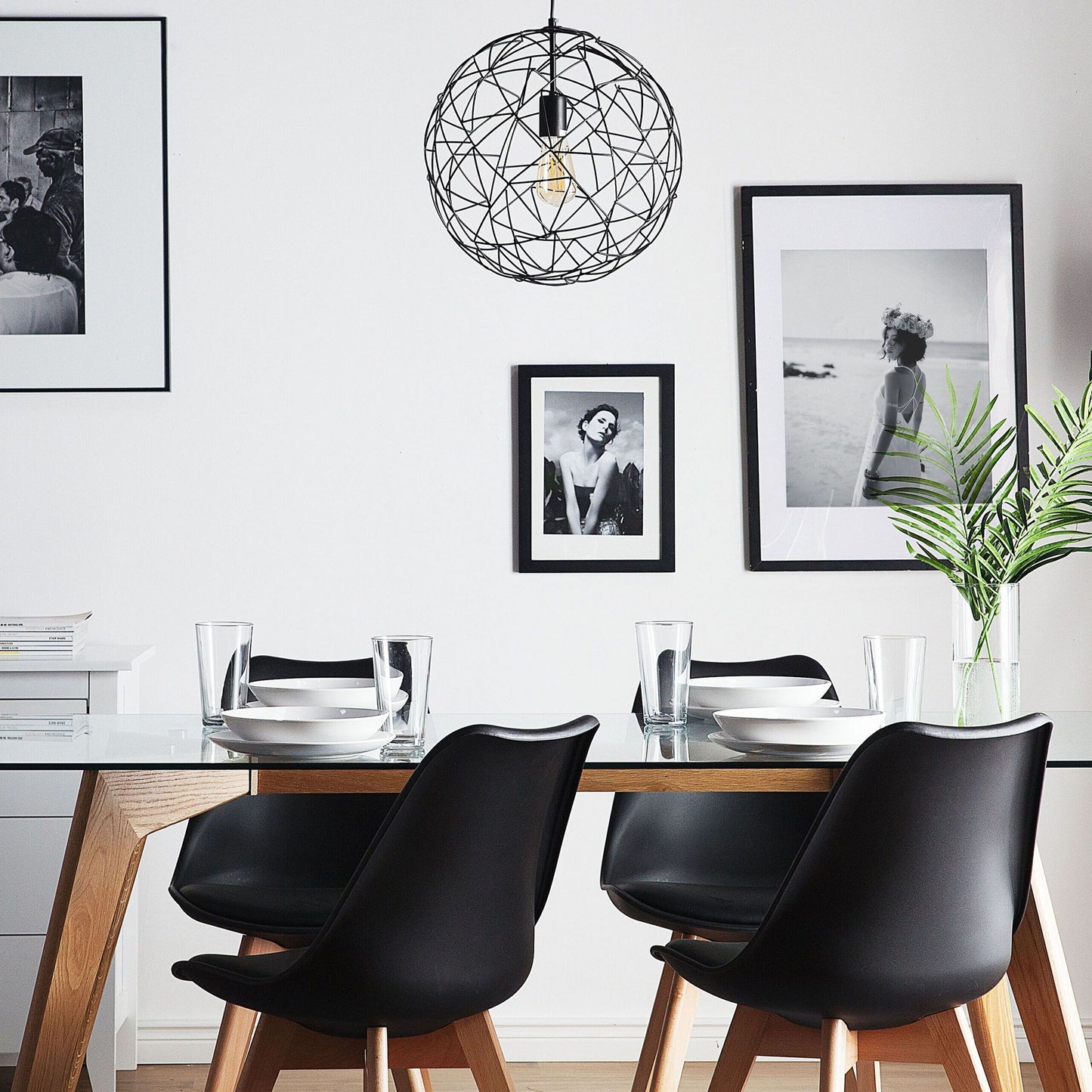 Hanging Light Pendant Lamp Black Wire Open Round Sphere Shade Industrial Design