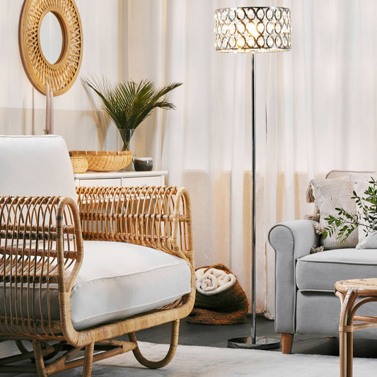 Floor Lamp Silver Metal Crystal Drum Shade 160cm
