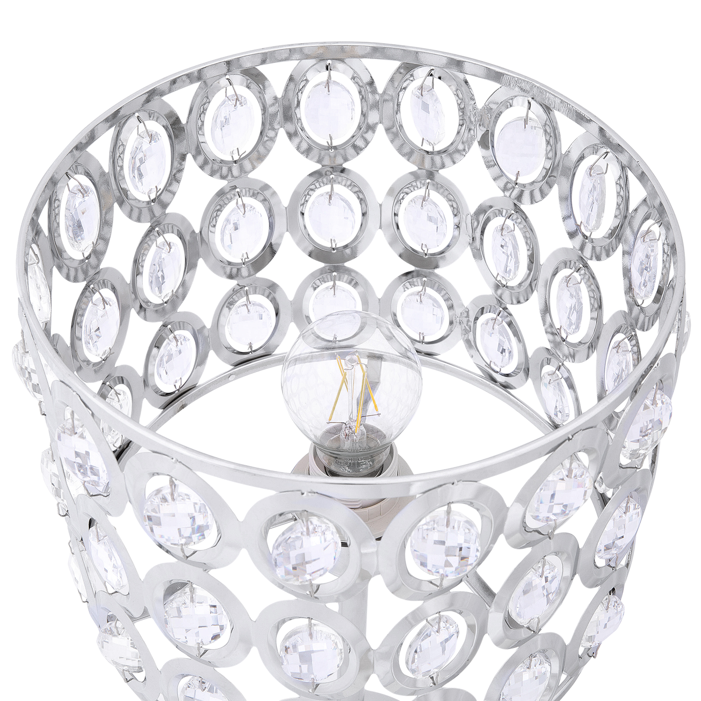 Table Lamp Silver Openwork Crystal Drum Shade 53cm High Elegant Metal Finish For Glam Interiors