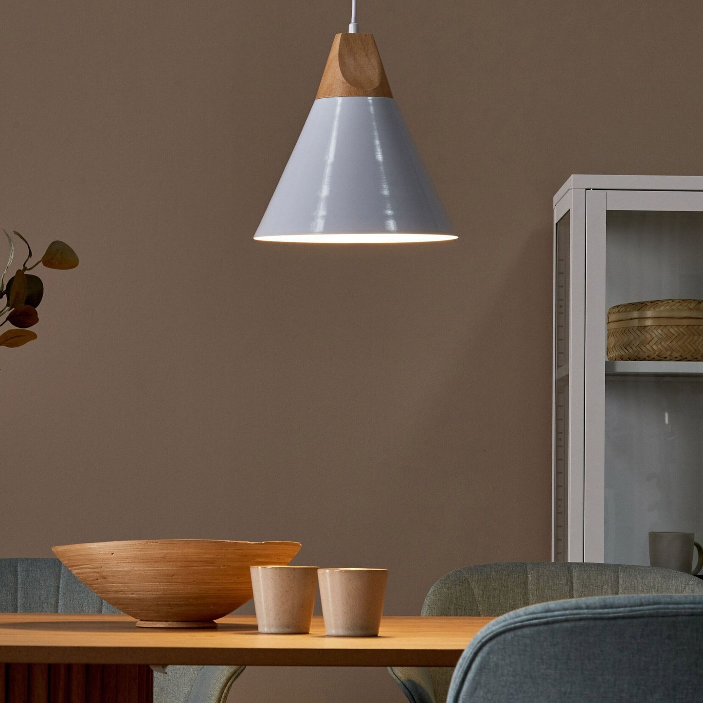 1 Light Pendant Lamp White Cone Shade Modern Aluminum With Wood Peak Ceiling Light