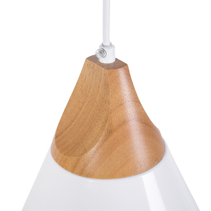 1 Light Pendant Lamp White Cone Shade Modern Aluminum With Wood Peak Ceiling Light