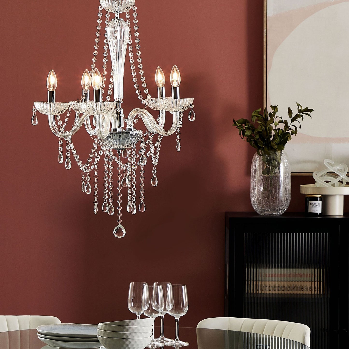 Ceiling Lamp Silver Crystal 185cm High Gloss 5 Lights
