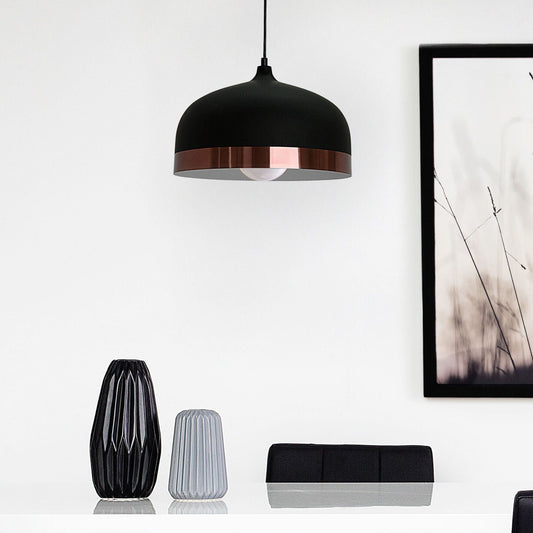 1 Light Pendant Black Round Shade Elegant Copper Edge