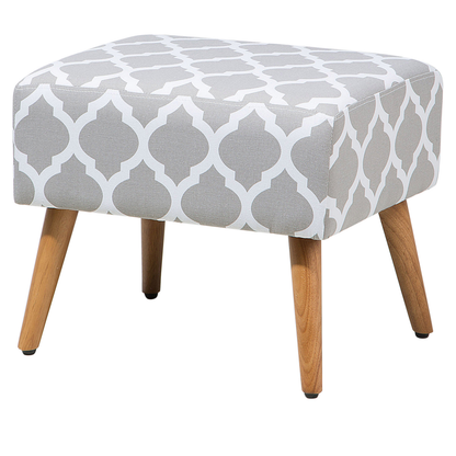 Footstool Grey Cotton With Wooden Legs Quatrefoil Pattern