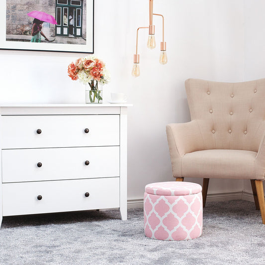 Pink Round Footstool With Quatrefoil Trellis Pattern