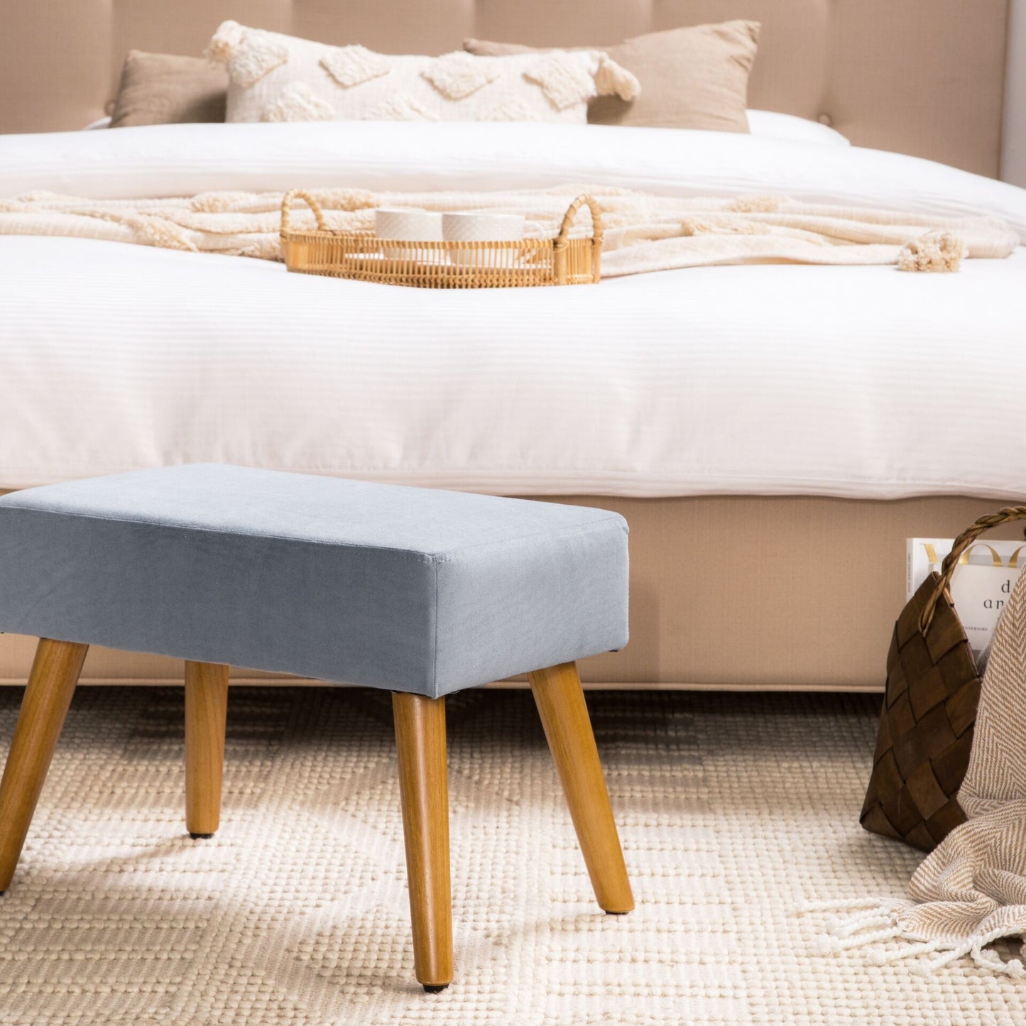 Grey Velvet Footstool With Wooden Legs Scandinavian Style
