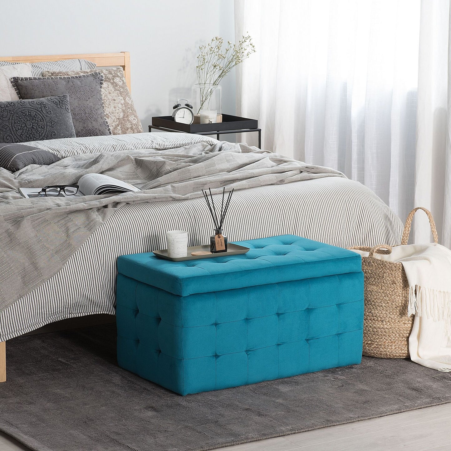 Blue Velvet Tufted Ottoman Storage Bench