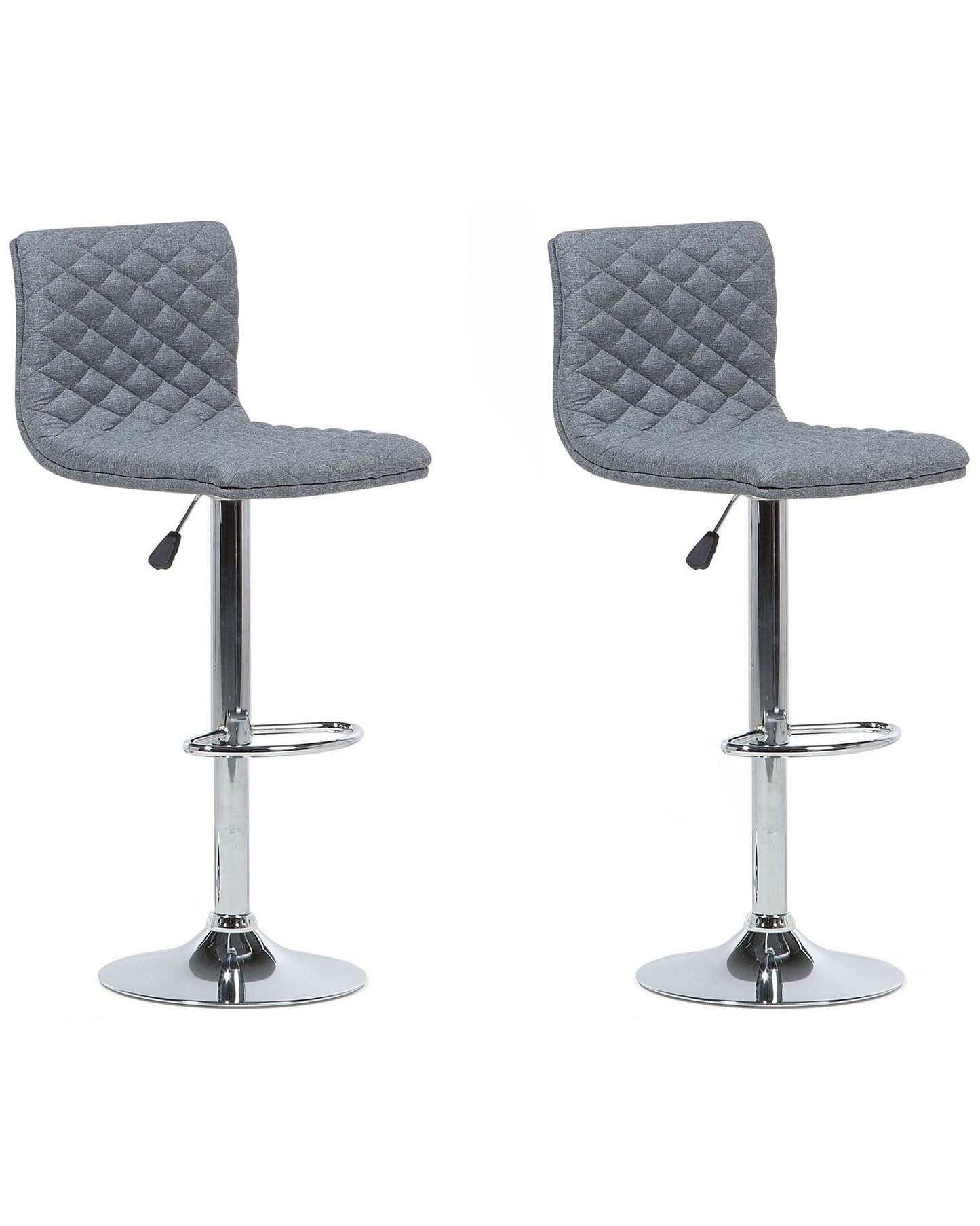 Set of 2 Bar Stools Grey Quilted Fabric Gas Lift Height Adjustable Swivel With Footrest