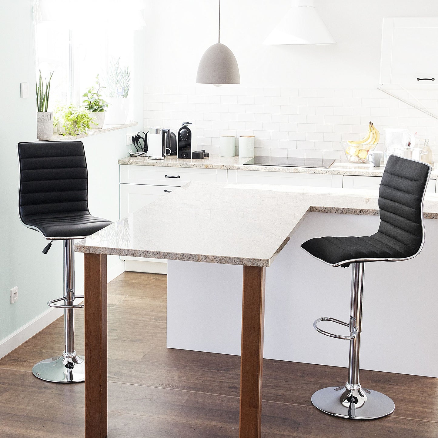 Bar Chairs Set 2 Black Leather Silver Frame Counter Swivel
