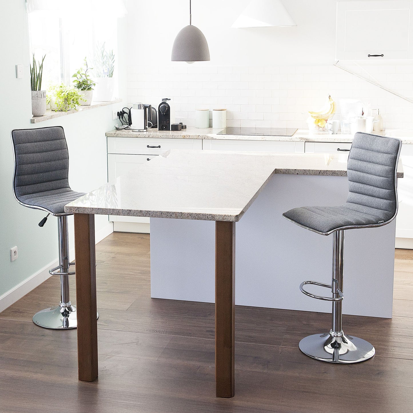 Grey Fabric Bar Chairs Set 2 Silver Frame CounterHeight