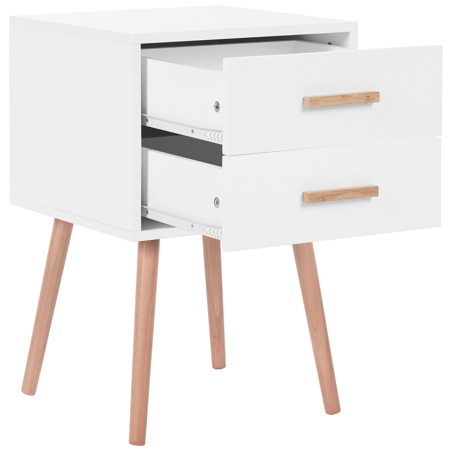Bedside Table White 2 Drawers Scandinavian Style With Solid Wood Legs