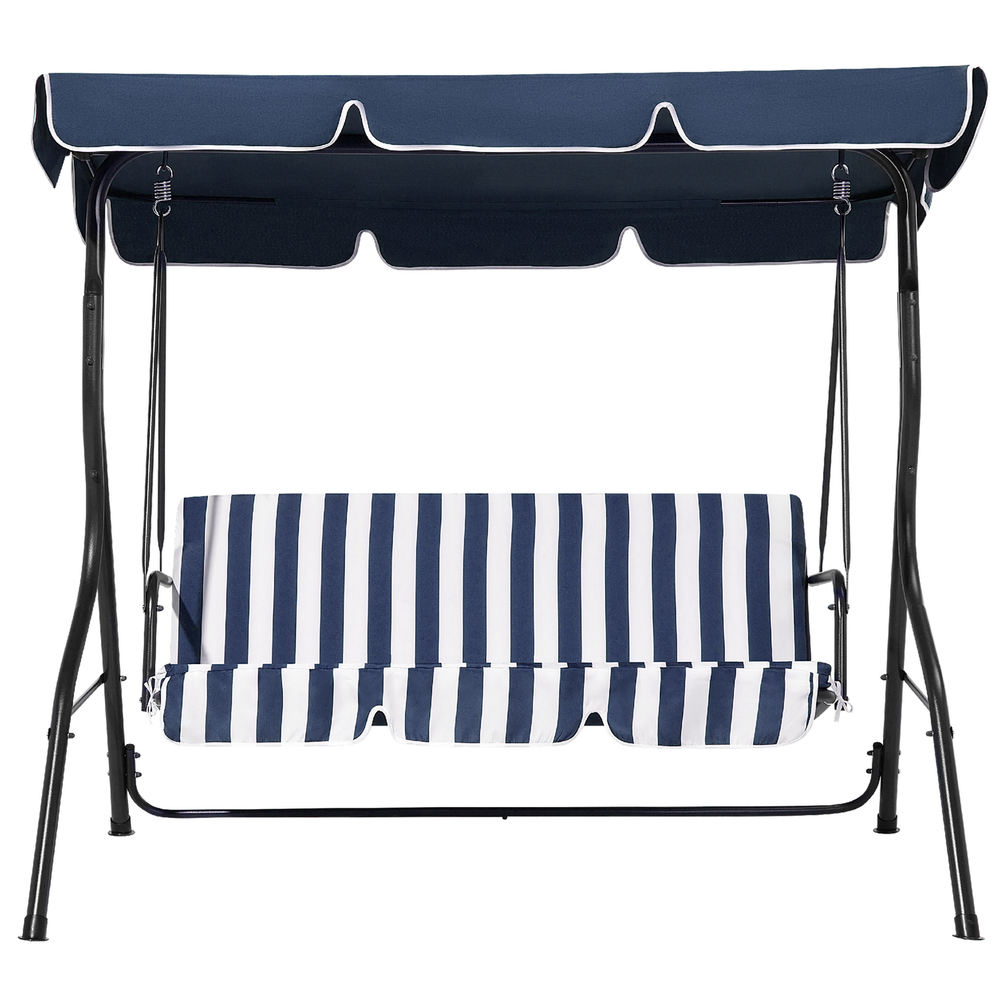 Patio Garden Swing Blue Striped Mesh With Canopy And Steel Frame 3 Seater Patio Chair