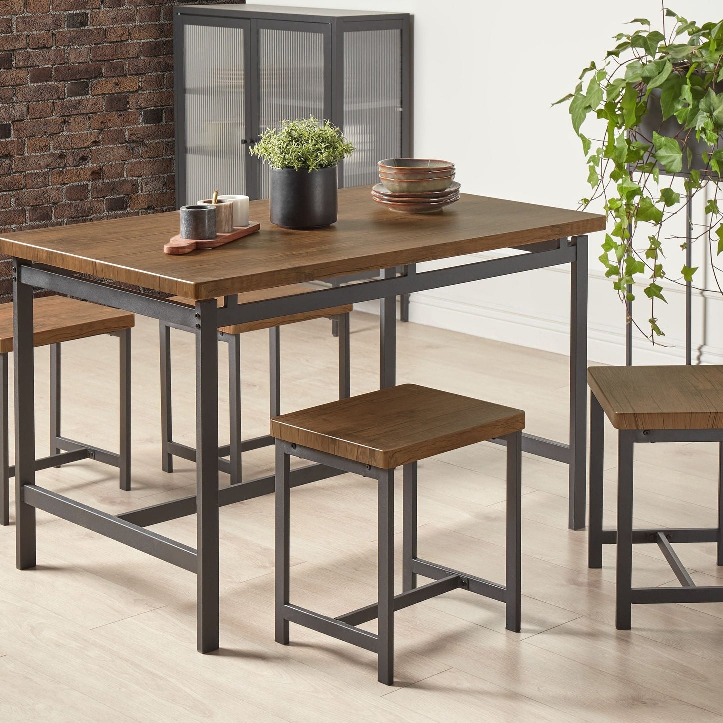 Dining Set Dark Wood Table Black Metal 4 Seater With Stools