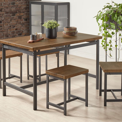 Dining Set Dark Wood Table Black Metal 4 Seater With Stools