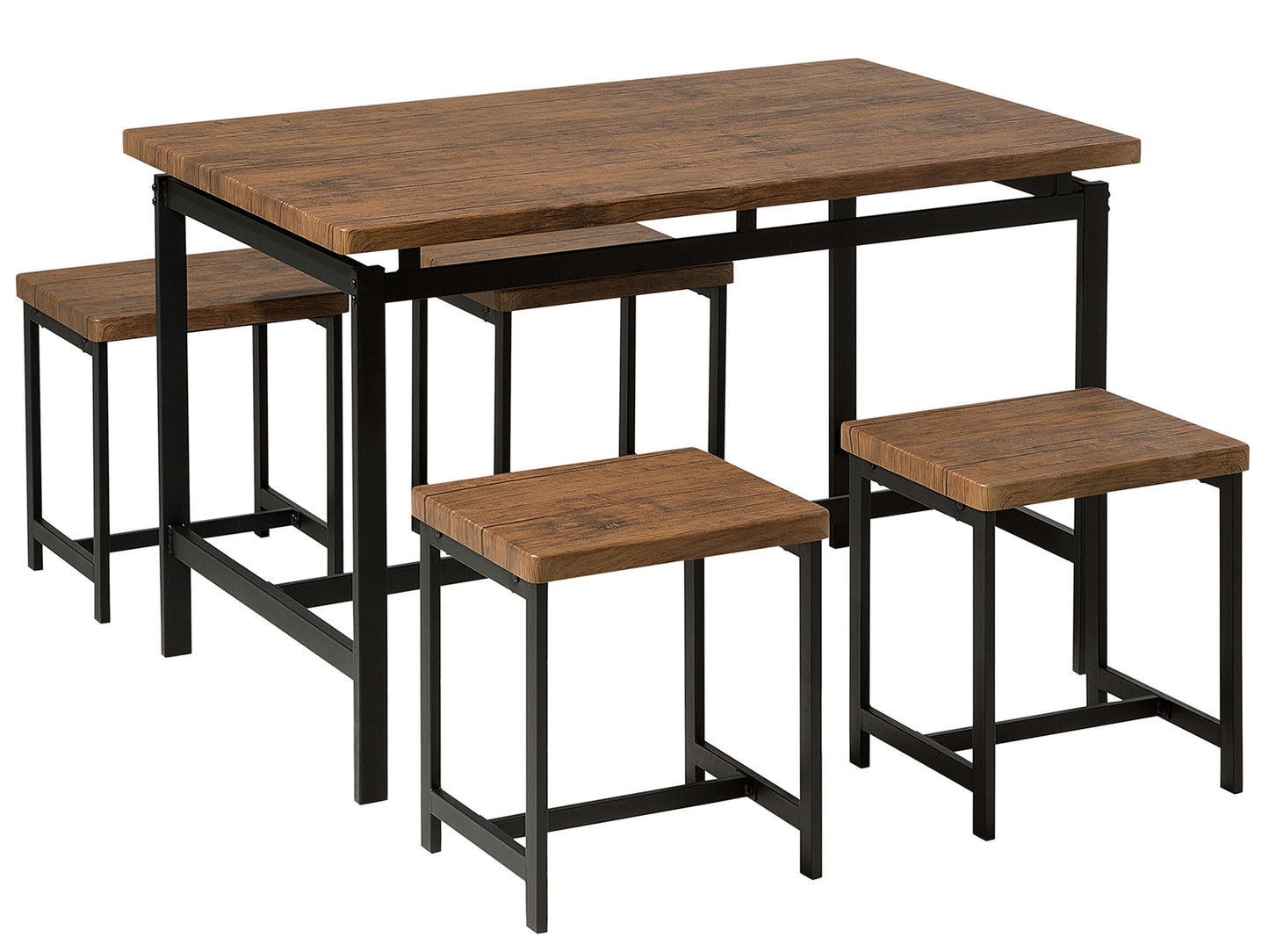 Dining Set Dark Wood Table Black Metal 4 Seater With Stools
