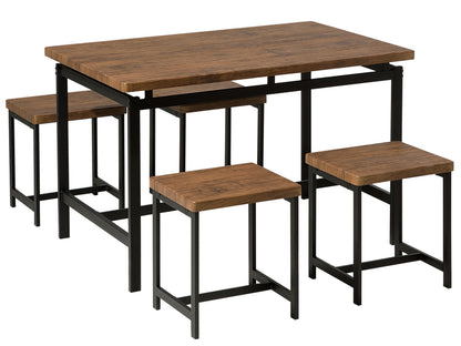 Dining Set Dark Wood Table Black Metal 4 Seater With Stools