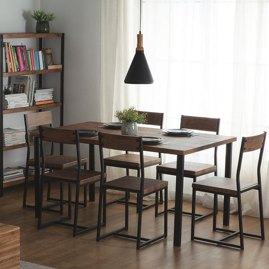 Industrial Dining Set 6 Chairs Dark Wood Table Metal Legs