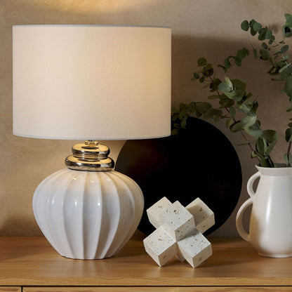 Bedside Table Lamp Off White Ceramic Base Polycotton Drum Shade
