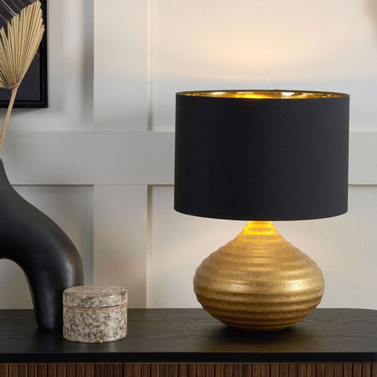 Gold Ceramic Table Lamp 42H Ribbed Base Polycotton Shade