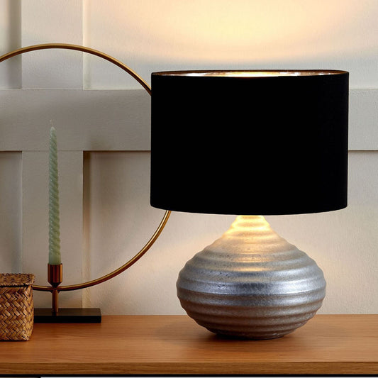 Table Lamp Silver Ceramic Ribbed Base With Black Shade 42cm