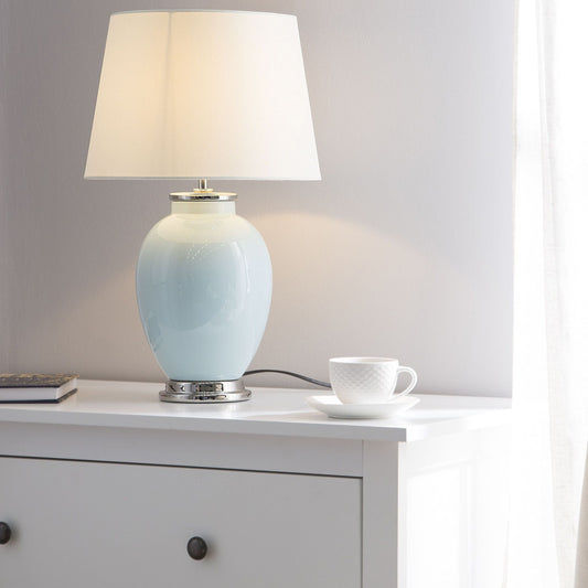 Blue Ceramic Table Lamp White Round Empire Shade