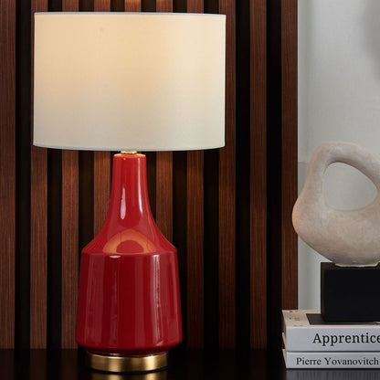 Table Lamp Red Ceramic Base With Gold Stand Off-White Shade