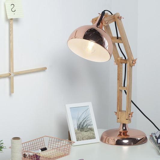 Desk Lamp Copper Wood Swing Arm Table Light With Adjustable Elegant Metal Shade