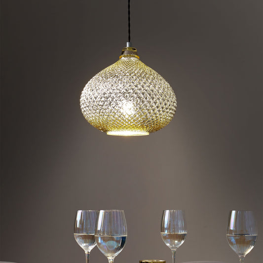 Ambient Glam Ceiling Lamp Gold Glass 88cm Pendant Carved Shade