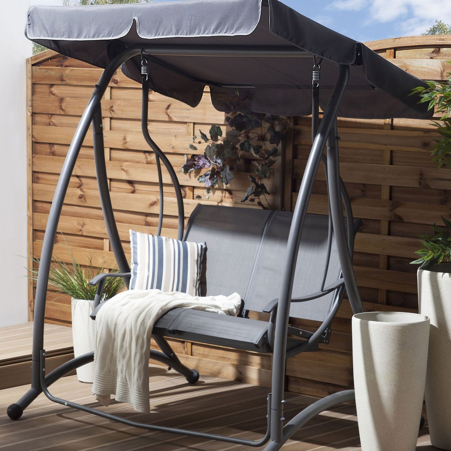 Garden Swing Grey Fabric Steel Frame 2 Seater Canopy Patio Relaxer for Modern Outdoor Spaces
