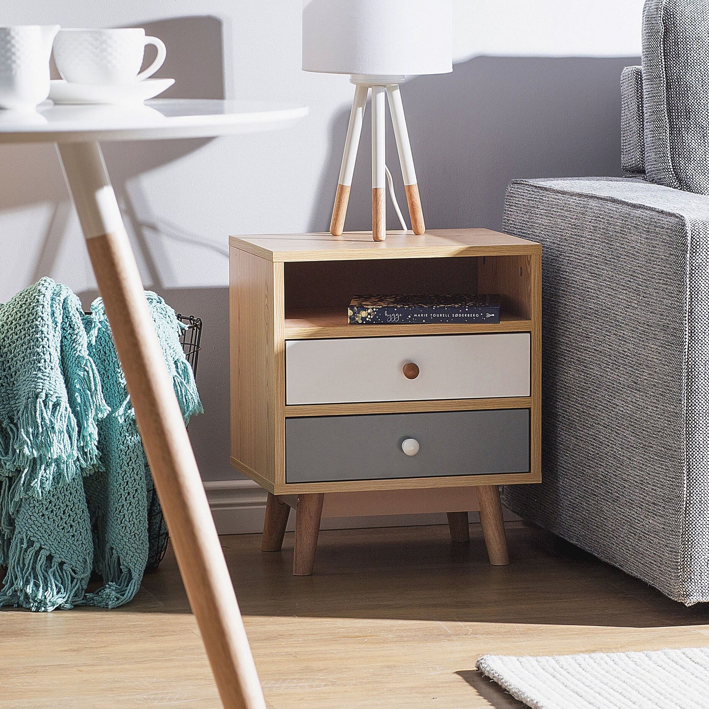 Bedside Table Light Brown With Two Drawers And Open Shelf