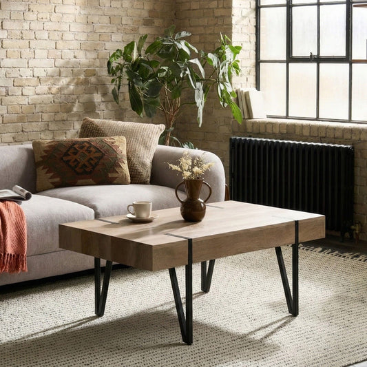 Coffee Table Brown Top Black Hairpin Legs 110 x 60 Rectangular