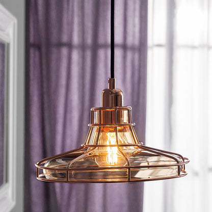 Copper Cage Pendant Lamp Tinted Glass Shade Vintage Style