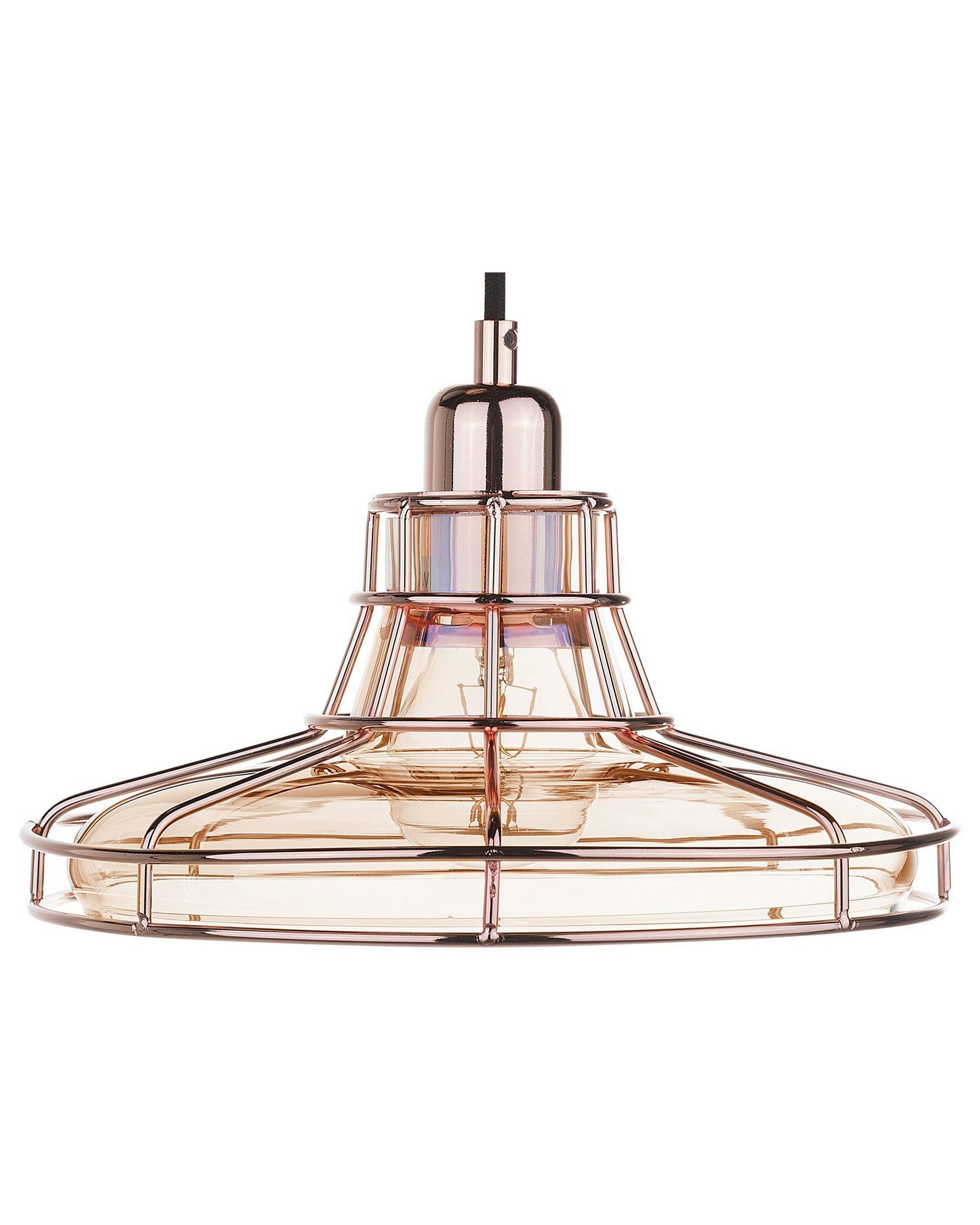 Copper Cage Pendant Lamp Tinted Glass Shade Vintage Style