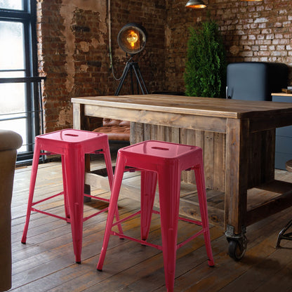 Set Of 2 Red Steel Bar Stools 60cm Stackable Counter Height Industrial